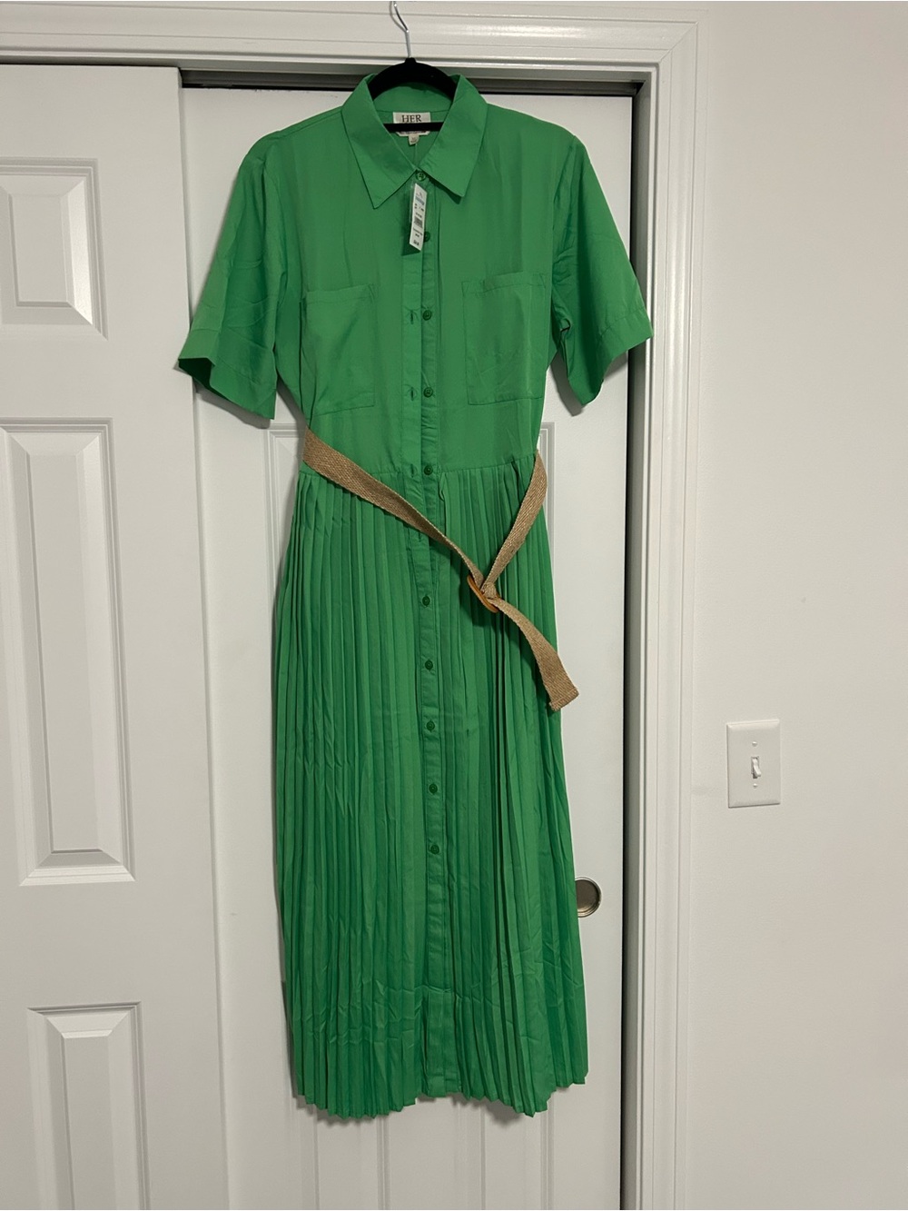 Green Button-Front Pleated Shirt Dress NWT